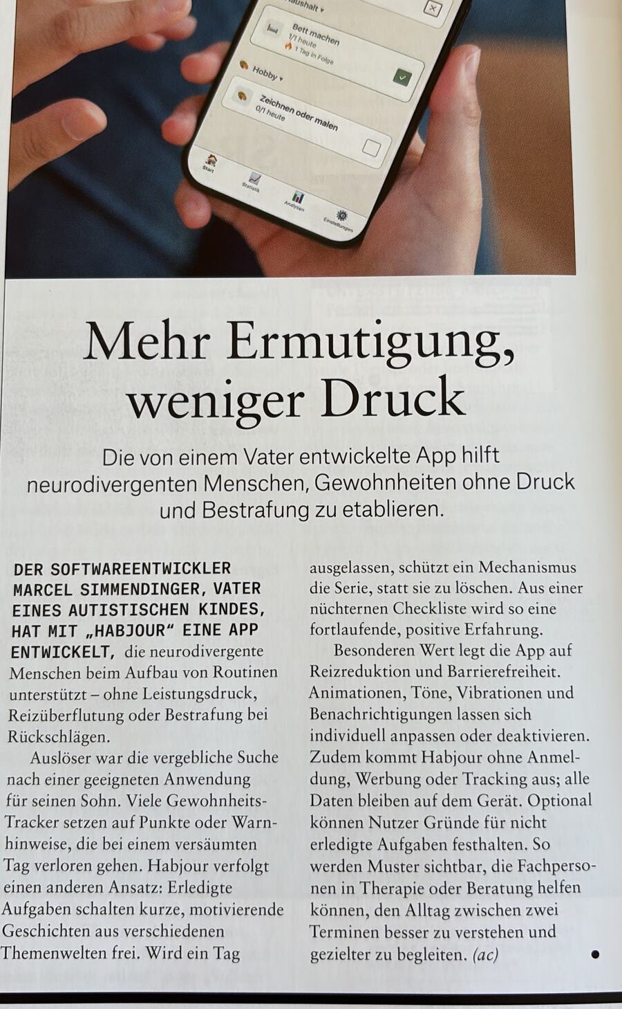 Artikel „Mehr Ermutigung, weniger Druck“ über die App Habjour im Magazin Autismus Dialog, Ausgabe 02/2026