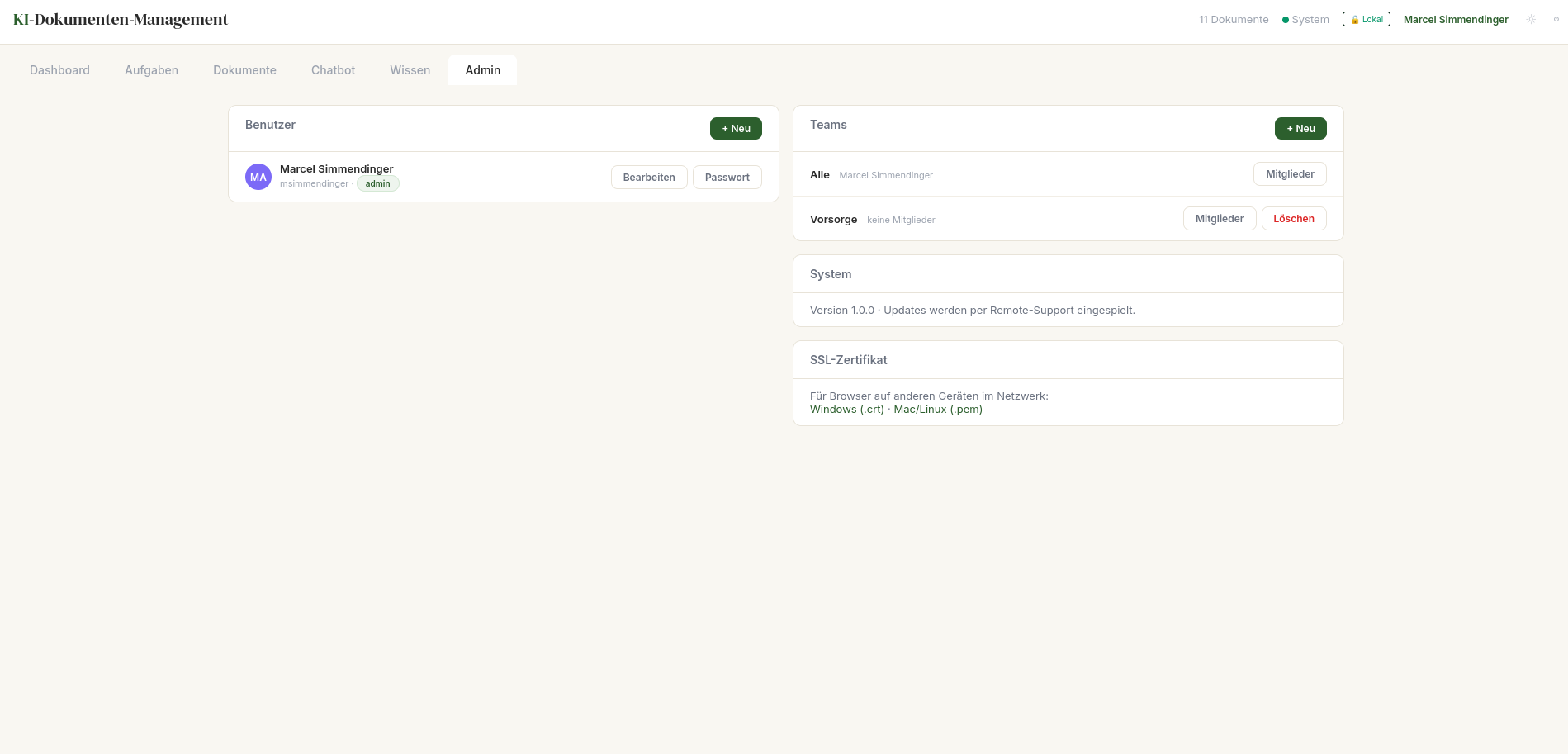 Admin-Bereich für Benutzer und Teams